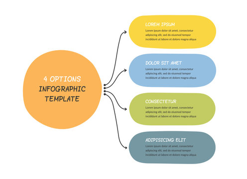 Hand drawn four option infographic template with central circle and curved arrows branching to four elements for text. 4 options diagram or chart. Vector illustration