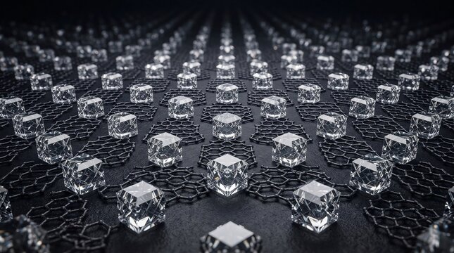 Cinematic Background Macro View of Carbon Nanotube Lattices Grid and Compressed Synthetic Diamond Cubes with Multi Angle Studio Softbox Lighting Stock Photo JPEG
