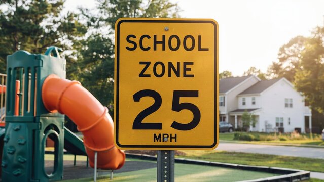 A yellow School Zone 25 MPH road sign stands near a residential playground. Symbol of traffic safety and speed limit regulations in school areas.
