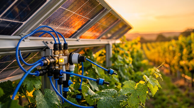 Innovative agrivoltaics system integrating smart irrigation with solar panels enhances vineyard sustainability and crop growth in a sun-drenched landscape
