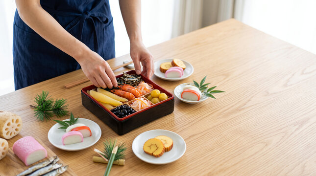 鮮やかな海老やおめでたいおせち料理を重箱へ盛り付ける手元の和風イメージ