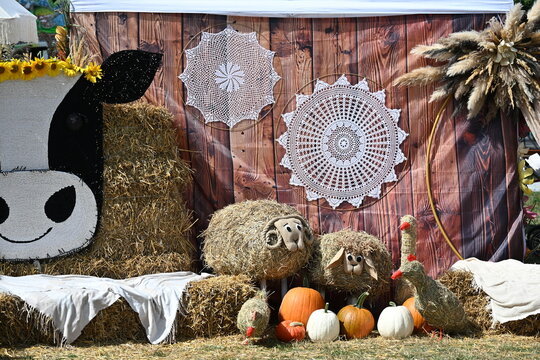Traditional Harvest Festival Installation with Straw Sheep, Large Embroidered Circles and Pumpkins