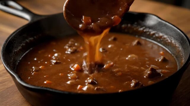 Close-up of the sauce being stirred with a wooden spoon in the pot, and the rich beef sauce being cooked