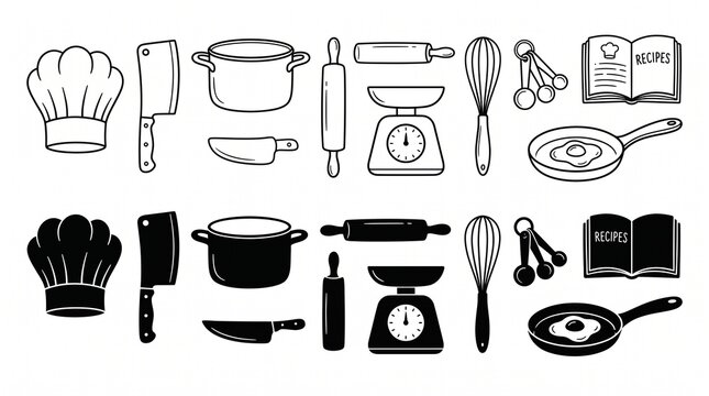 Set of kitchen cooking tools and chef icons as hand drawn outlines and solid black silhouettes