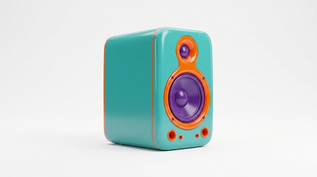Modern turquoise and orange audio speaker with purple woofer isolated on a clean white background