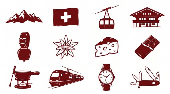 Set of twelve hand drawn switzerland travel icons with landmarks and food isolated on white background