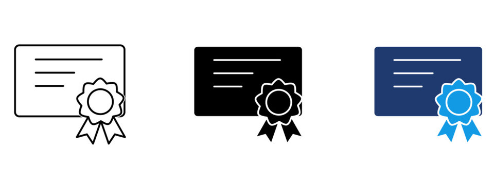 Certificate icon set with diploma paper and award ribbon badge. Symbol of graduation, qualification, degree accomplishment, official agreement and education success.