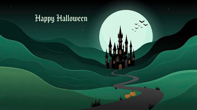 Spooky castle silhouette with a full moon and dark rolling hills for halloween