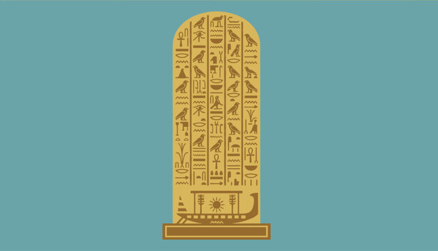 Golden ancient Egyptian hieroglyphic stele with intricate carvings and symbols is centered on a solid blue background.