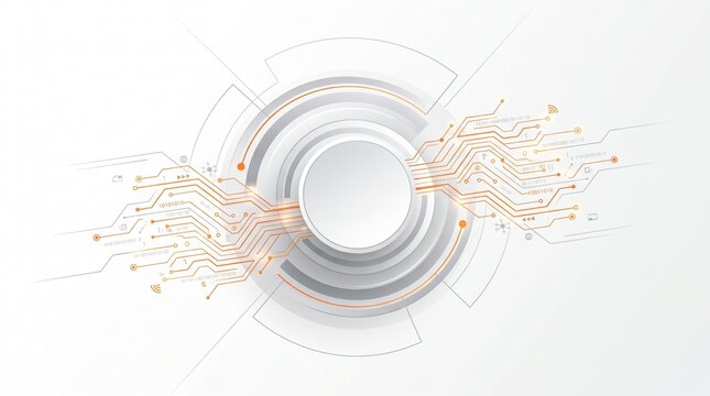 Abstract technology background with orange circuit board lines and digital circular shapes