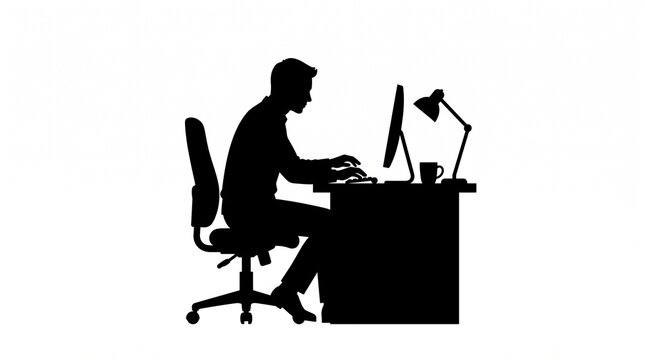 Silhouette of a man sitting at a desk and working on a computer