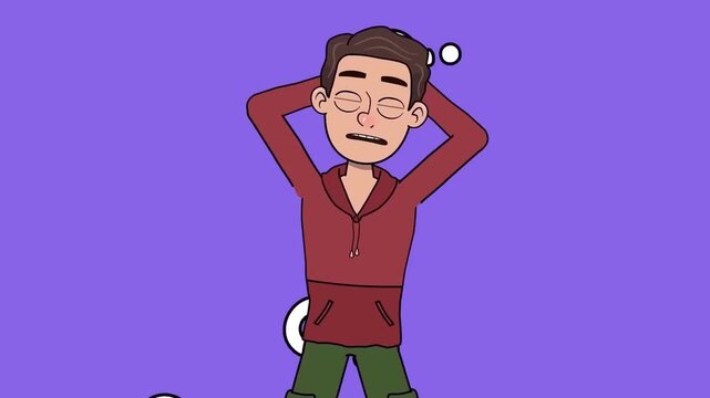 2D animation portrait of a confused young man shrugging shoulders surrounded by white question marks purple background