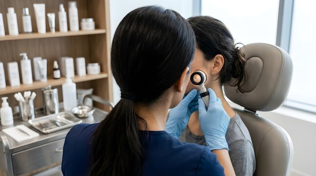Dermatologist examines patient's skin using magnifying lamp