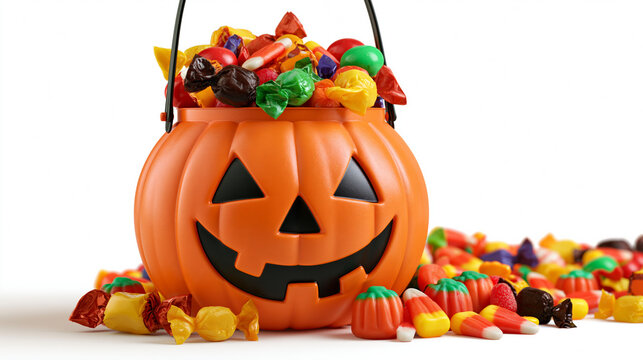 Orange pumpkin bucket, candy, halloween, white background, jack o lantern pail full of colorful
