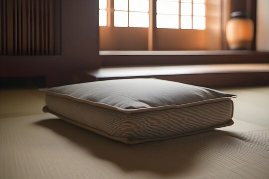 Folded zabuton cushion on tatami mat corner, Japanese minimalist interior
