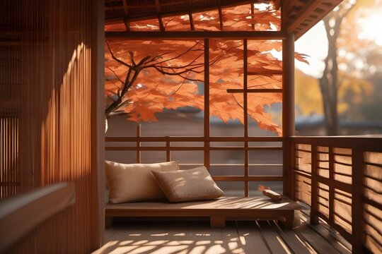 Autumn maple leaves over wooden engawa veranda with cushion, Japanese architecture