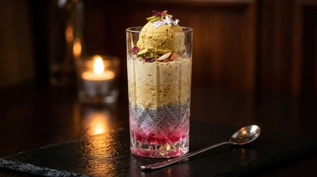 Falooda kulfi dessert in a glass with rose syrup and basil seeds on a dark table.