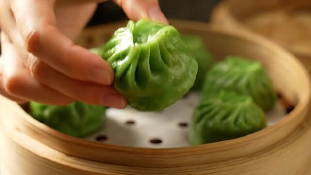 Take the green steamed bun material in the steamer by hand, the green steamed bun in the steamer