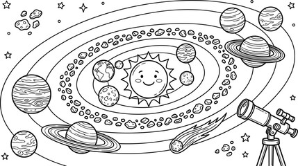 Solar System Coloring Page Cartoon Sun Planets Orbit Asteroid Comet Telescope Stars Kids Education Outline Vector Illustration Book Art © MD SABBIR HOSSAIN