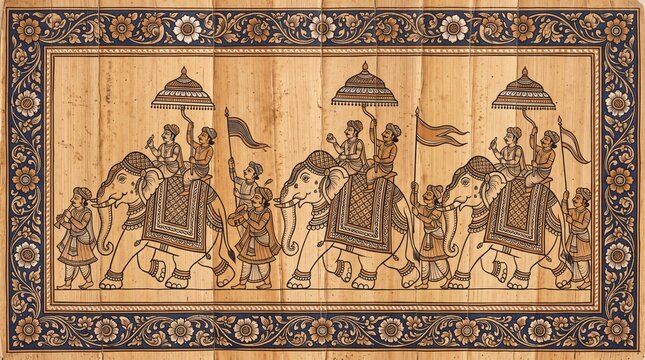 Pattachitra panel of a ceremonial elephant procession