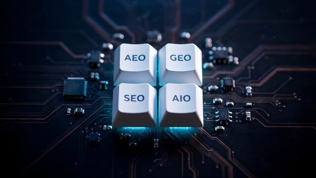 Concept of seo, geo, aeo, and aio digital marketing optimization with glowing mechanical keyboard keys on futuristic electronic circuit board background