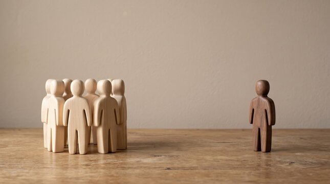 Conceptual image of single dark wooden figure standing apart from a group of light colored people figures on table surface, symbolizing social isolation, exclusion, loneliness