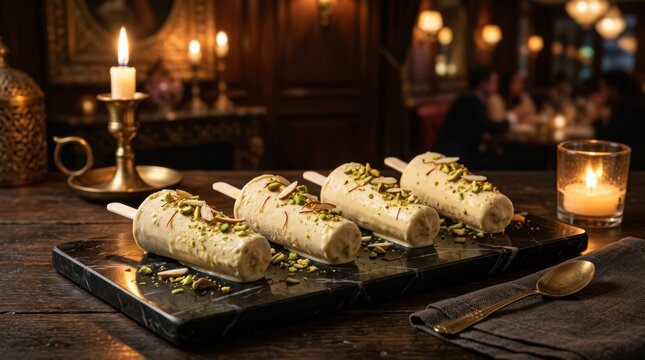 Kulfi pops with pistachio topping on a marble board in a dimly lit restaurant setting