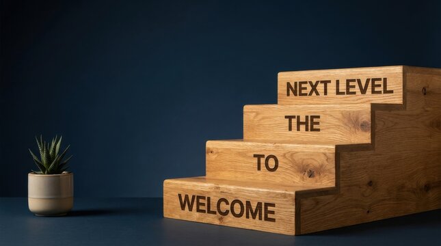Wooden stairs with progress text next to small potted succulent against deep dark blue background.
