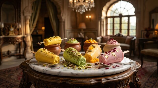 Assorted Kulfi ice cream varieties on marble platters
