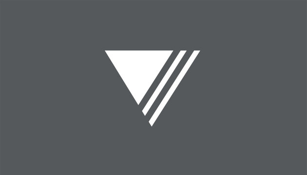 Minimalist letter V logo design made of a white triangle and parallel diagonal lines over a dark grey background.