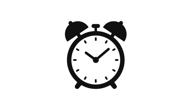 Black retro double bell alarm clock icon isolated on a white background, representing time, morning, and schedule.