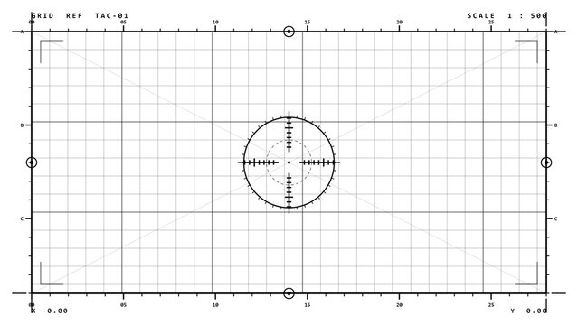 Tactical measurement grid overlay with edge rulers, crop marks and centre reticle on transparent background