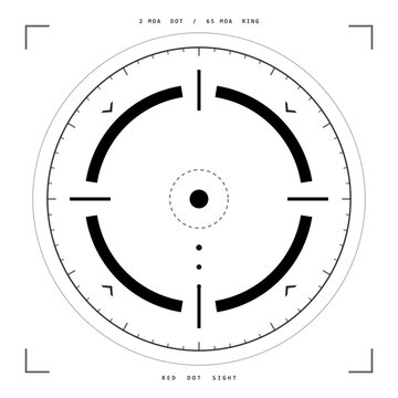 Red dot circle sight reticle with 2 MOA dot and 65 MOA ring on transparent background
