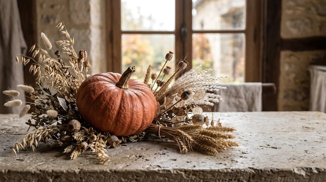 Autumn harvest pumpkin centerpiece with dry wheat ears on travertine table in front of farm window.