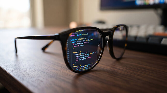 Eyeglasses reflecting programming code on screen in dark workspace. Developer desk with blurred monitor and keyboard. Vibe coding, software development and programmer lifestyle concept.