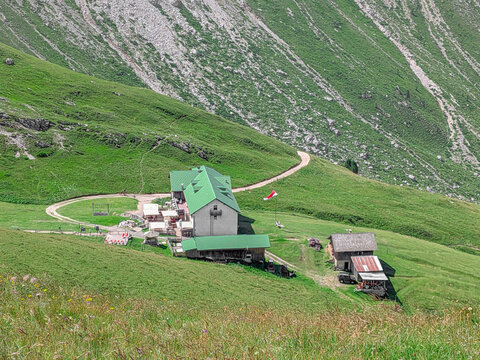 Rifugio Genova mountain hut at 2306 meters in Puez-Odle Dolomites. South Tyrol, Italy