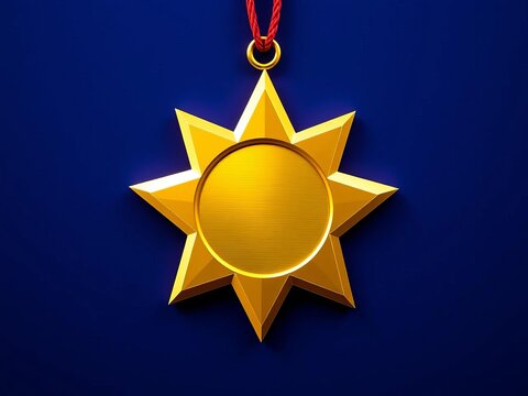 Shining gold star medal on a dark blue background, achievement, winner