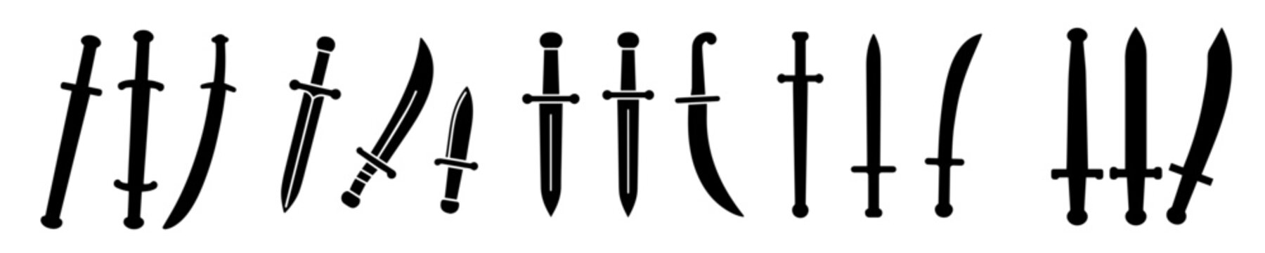 Collection of Various Black Silhouette Swords on White Background