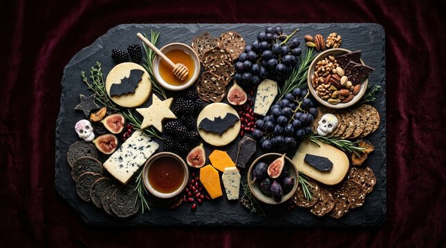 Gothic halloween charcuterie board featuring cheese bats and skulls with dark fruits and crackers on slate platter for spooky dinner party appetizers on red velvet background.