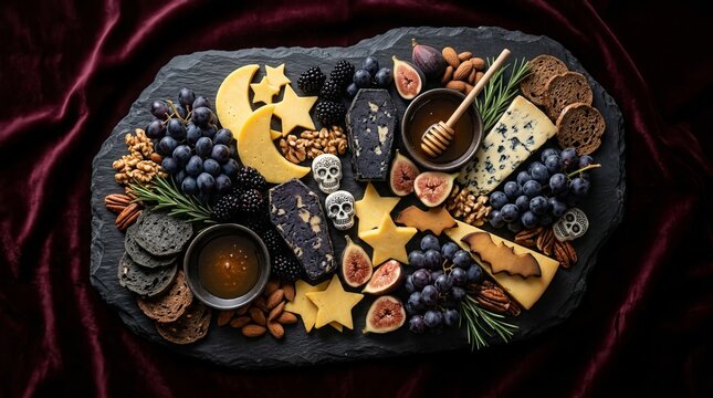 Mystical halloween grazing board with moon and star shaped cheese and coffin crackers alongside fresh fruit and honey on dark slate for elegant gothic holiday dinner hosting.