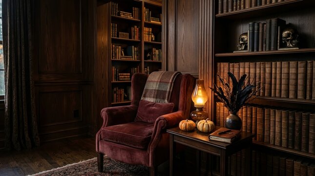 Cozy dark academia library interior with velvet wingback chair and plaid blanket near bookshelf decorated with skulls and pumpkins beside lit antique lamp on wooden side table.