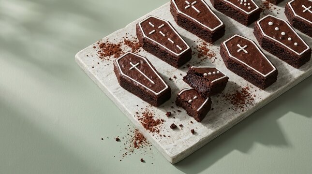 Halloween coffin shaped brownies decorated with white icing crosses and dots arranged on marble platter with cocoa powder dusting offers creative dessert idea for spooky party.