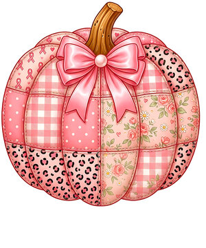 Pink Breast Cancer Awareness Pumpkin with Satin Bow, Leopard and Floral Patchwork Design for Fall and Halloween
