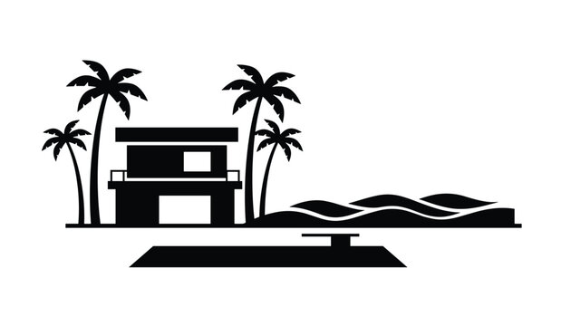 Tropical villa silhouette depicts a modern beach house nestled among palm trees with an adjacent swimming pool.