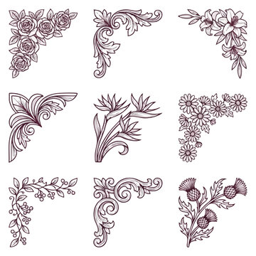 Ornate floral corner designs elegant flourish elements