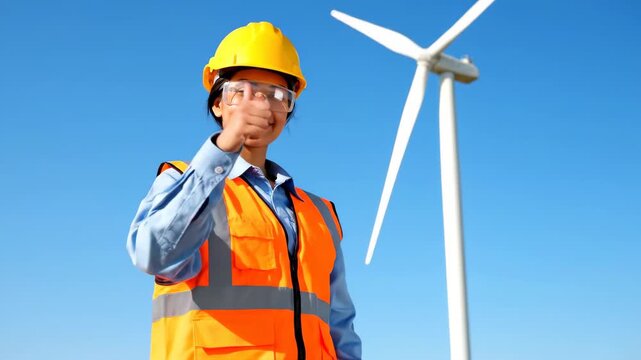 A female engineer stands in front of a wind turbine, and the female engineer and the wind