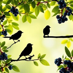 Fototapeta premium Silhouettes of six black birds perched on branches with lush green leaves and ripe blueberries, fruit arrangement, ||black birds
