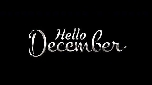 Silver metallic cursive hello december text on a shiny black background  perfect for elegant holiday designs and festive decorations.