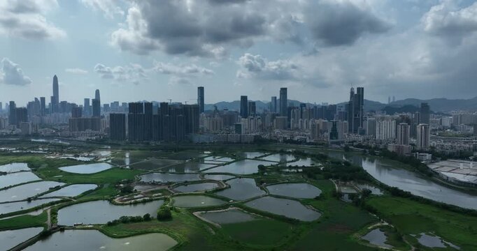 Rural green fields with fish ponds between Hong Kong and skylines of Shenzhen, China	