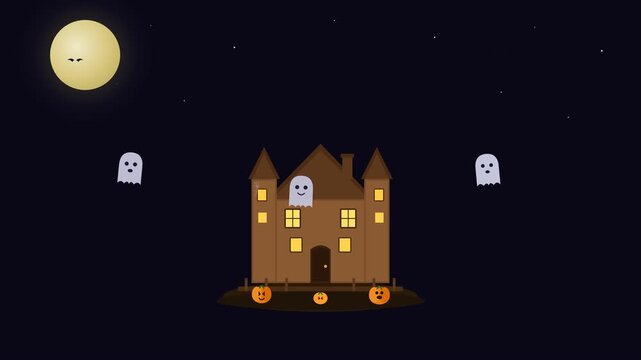 Spooky haunted house silhouette with glowing windows, rising ghosts and flying bats under a full moon